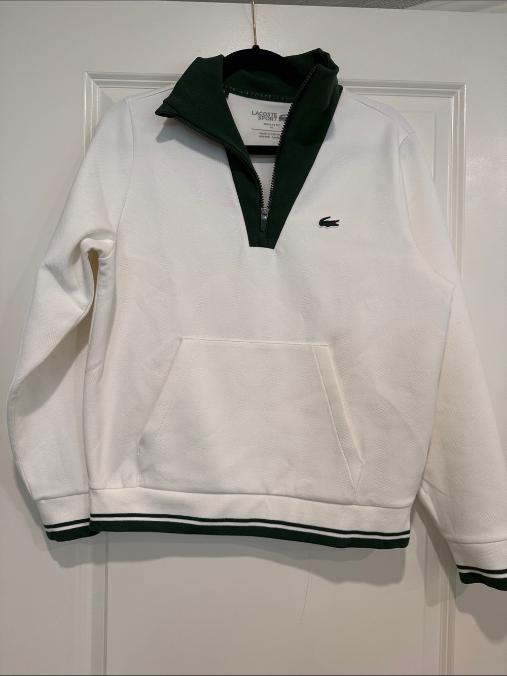 Lacoste White Pullover Quarter-Zip with Dark Green Trim